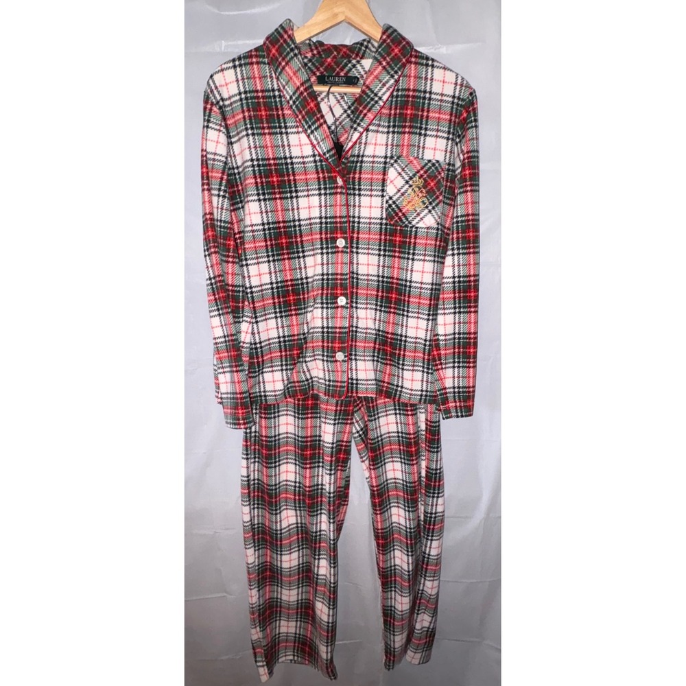 Lauren Ralph Lauren Womens Red Green Plaid Fleece Pajama Set Small LRL Crest